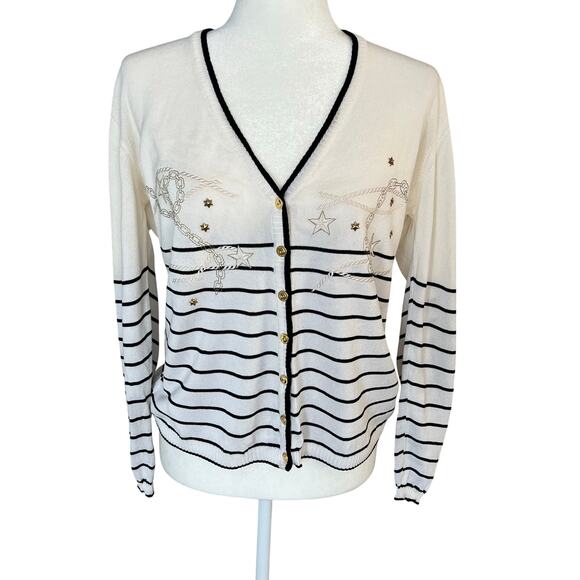 Escada Ivory Nautical Embroidered Cardigan 12 Stripes Stars Sailing Preppy - Picture 1 of 7